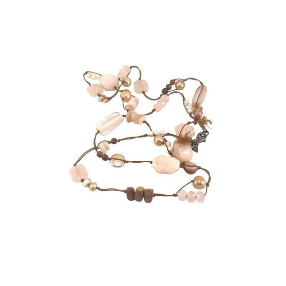 Handmade Multicolor Beaded Necklace With Rose Quartz Pearls & Wood Beads - Picture 5 of 8